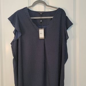 NWT! Plus Size Adrianna Papell Navy Ruffle Sleeve Blouse w/White Polka Dots - 3X